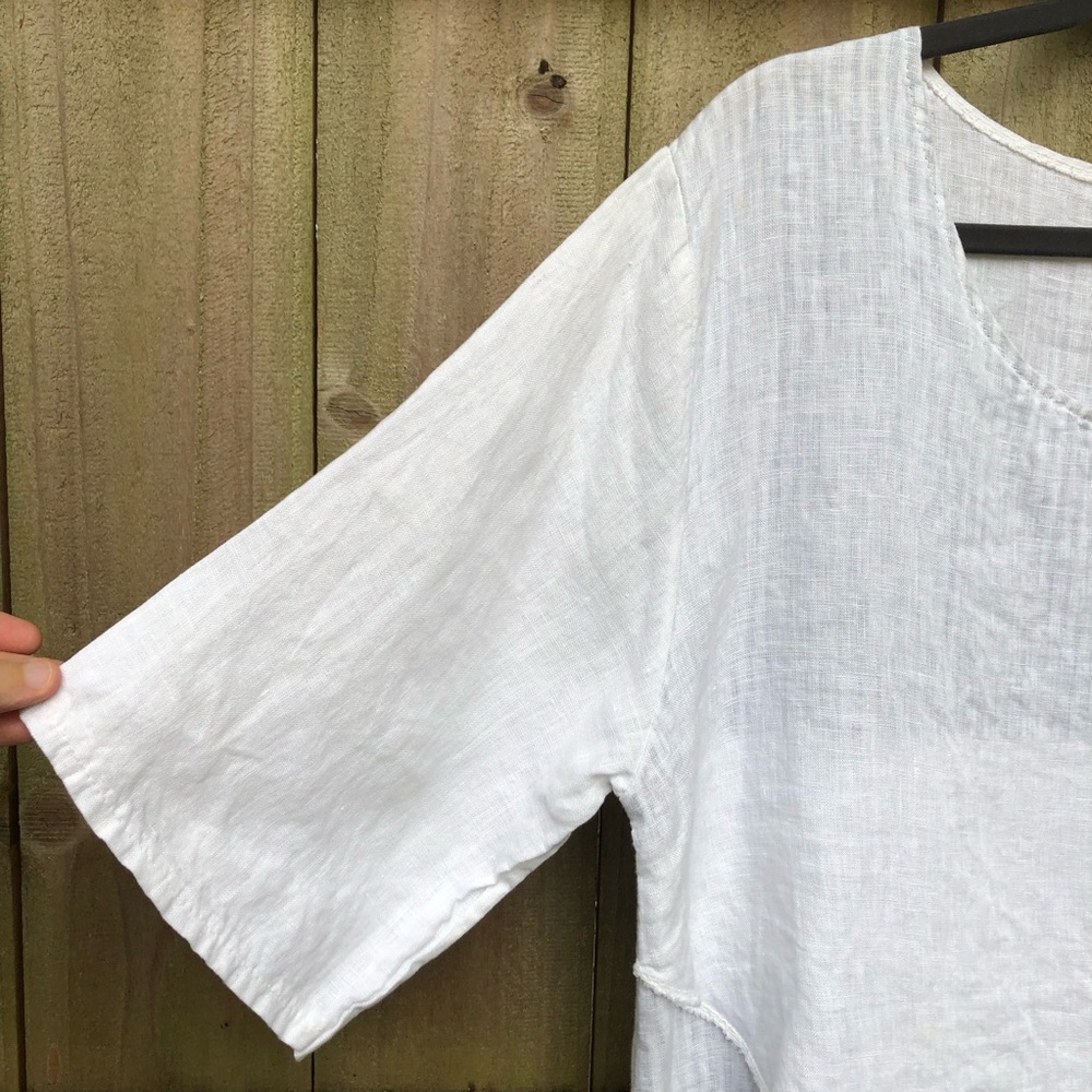 AMO 100% Linen Lagenlook Midi Dress White Navy Stripes Layered Italy with Scarf - Picture 7 of 14